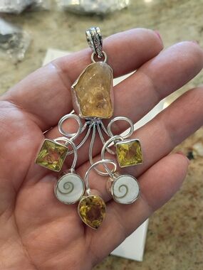 Large Silver Yellow Citrine&Shell Statement Pendant